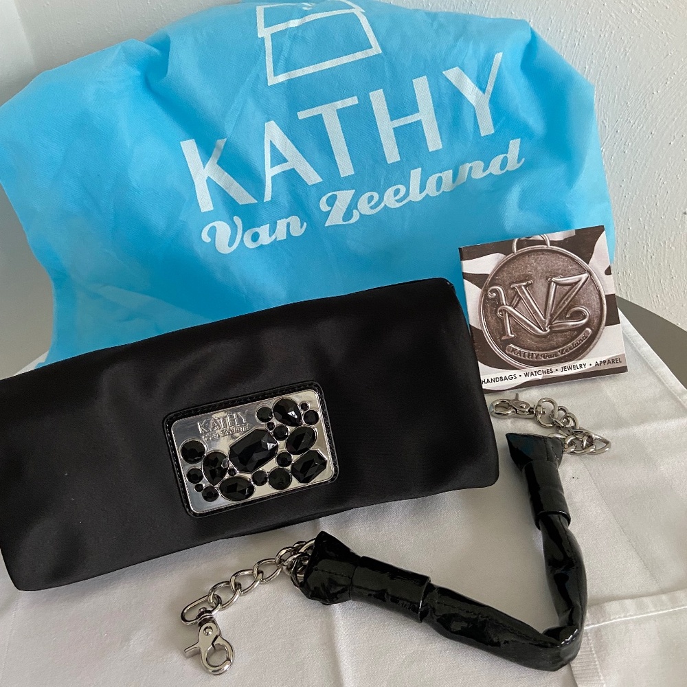 NWT Kathy Van Zeeland Black Satin & Rhinestone Clutch Purse with Strap.